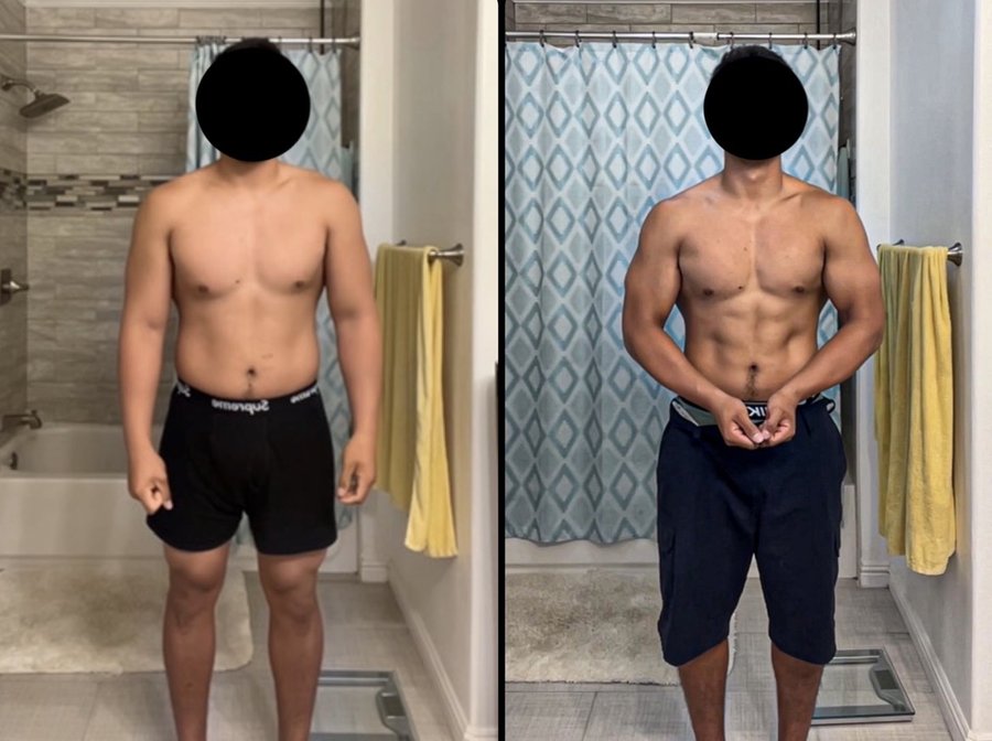 Client front-facing transformation, losing weight and gaining muscle